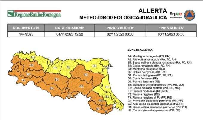 Maltempo, allerta arancione nelle province da Piacenza a Bologna